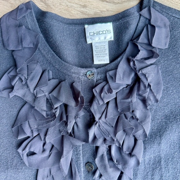 Chico’s Black Ruffle Front Button Elbow Length Sleeves Cardigan – Size 0 (S) - Picture 5 of 7